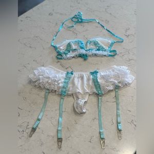Sheer mesh and lace bra and garter panty set in white with turquoise trim